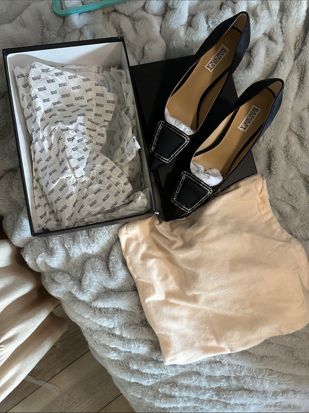 Badgley Mischka Black Satin Pointed Toe Buckle Pumps